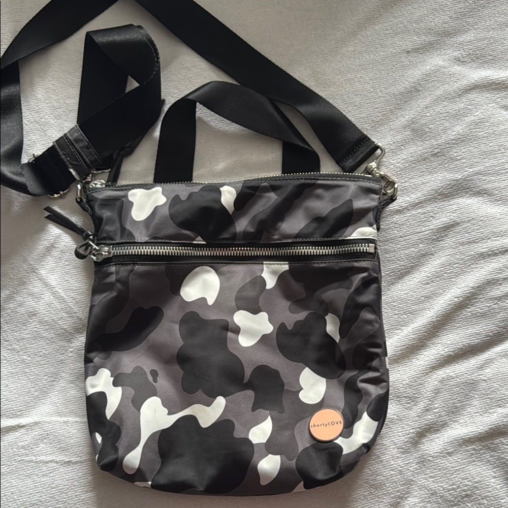 ShortyLove brand black, gray and white camouflage crossbody bag
